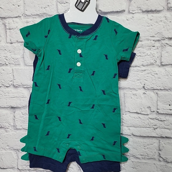 New Carters Baby Boys 6 Months Snap On Romper Dinosaur Blue Green 2 Pack - Picture 2 of 7